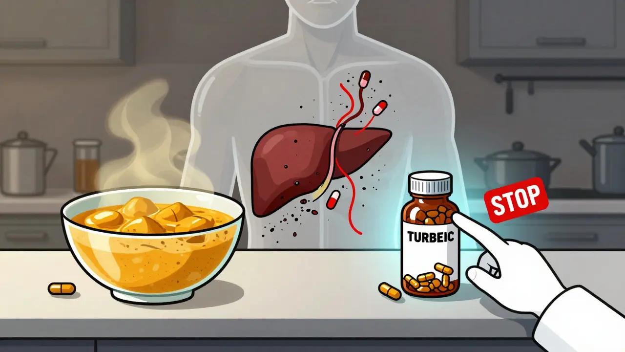 Kitchen counter showing safe curry vs. risky supplements with internal body view.