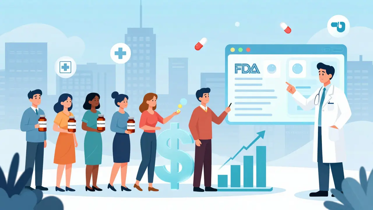Patients holding generic medication bottles with dollar signs turning into savings charts and a pharmacist pointing to an FDA database.