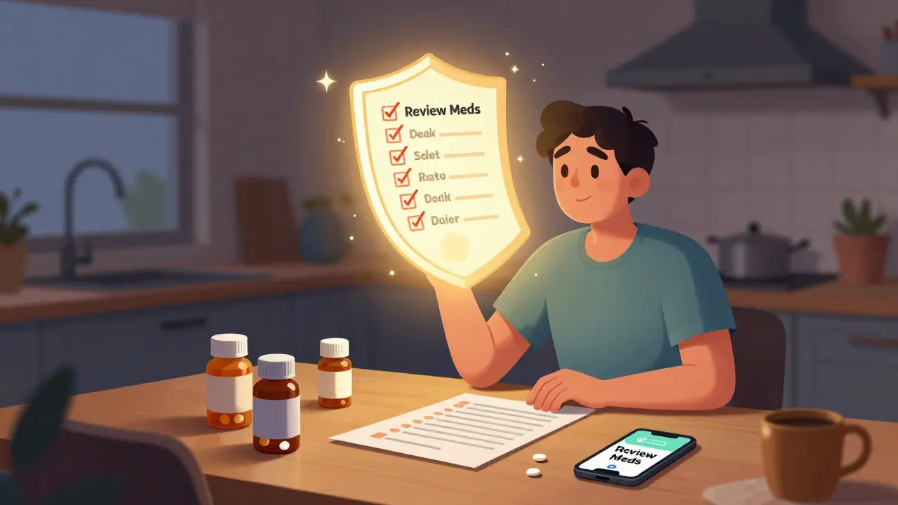 Person reviewing meds at home on Sunday night with checklist transforming into a protective shield