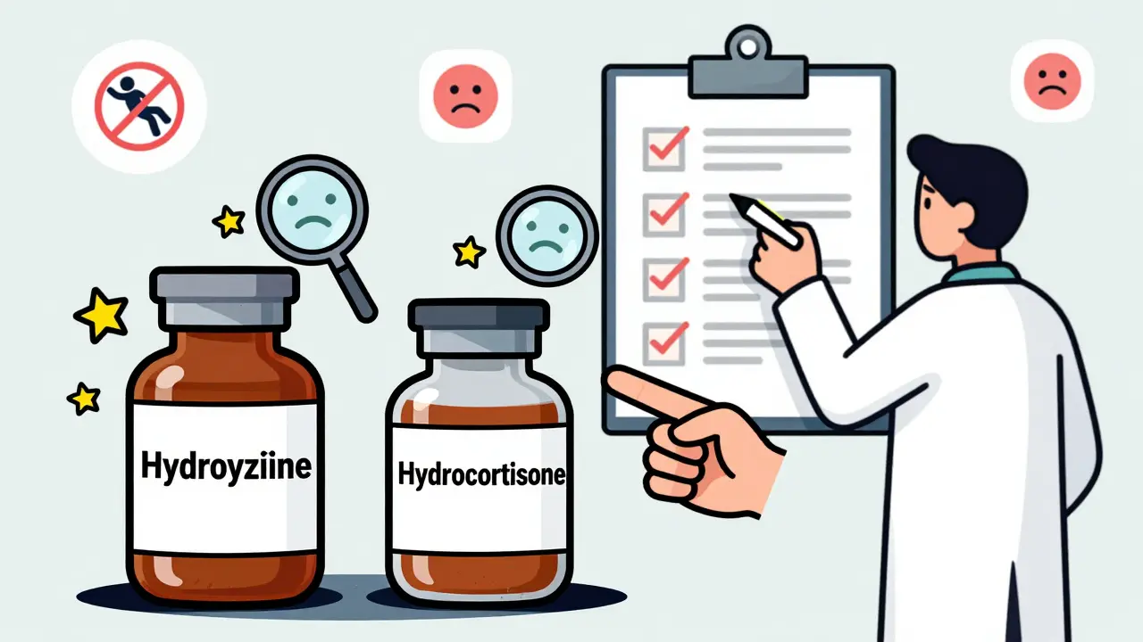 Pharmacist showing two similar-looking medicine bottles with warning icons to a caregiver.