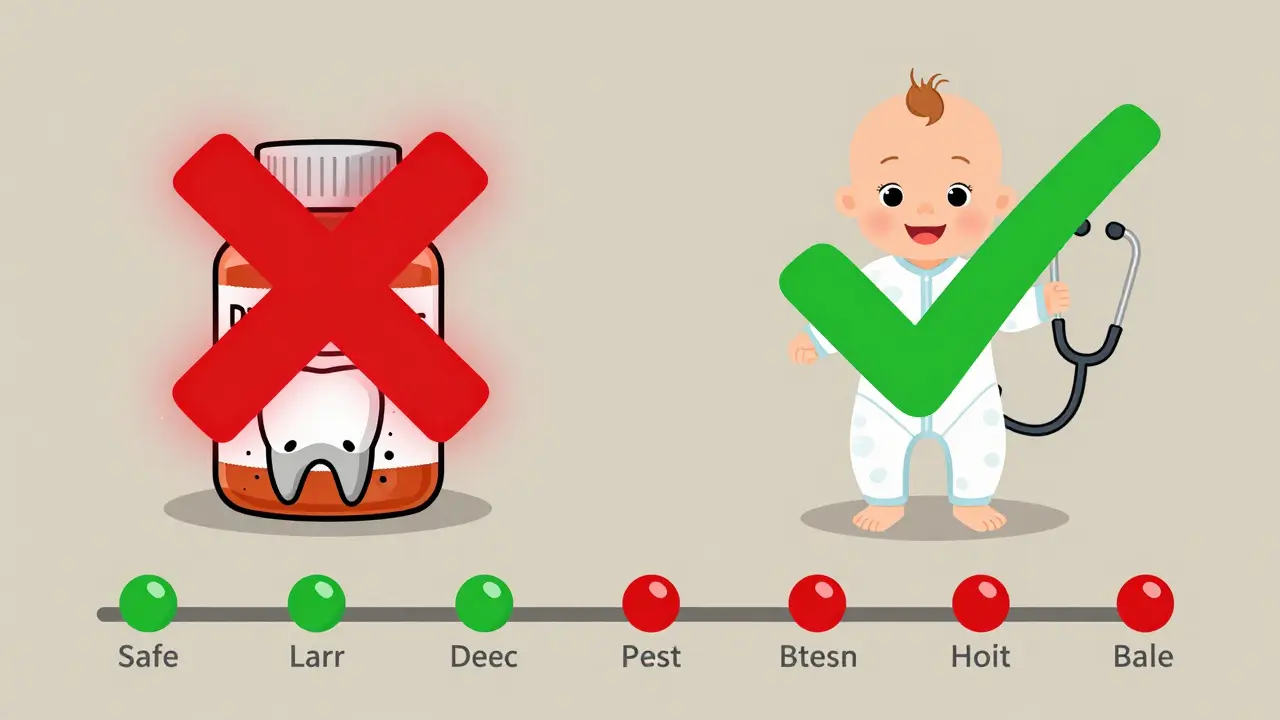 Side-by-side comparison of safe and unsafe antibiotics during pregnancy with visual warnings and approvals.