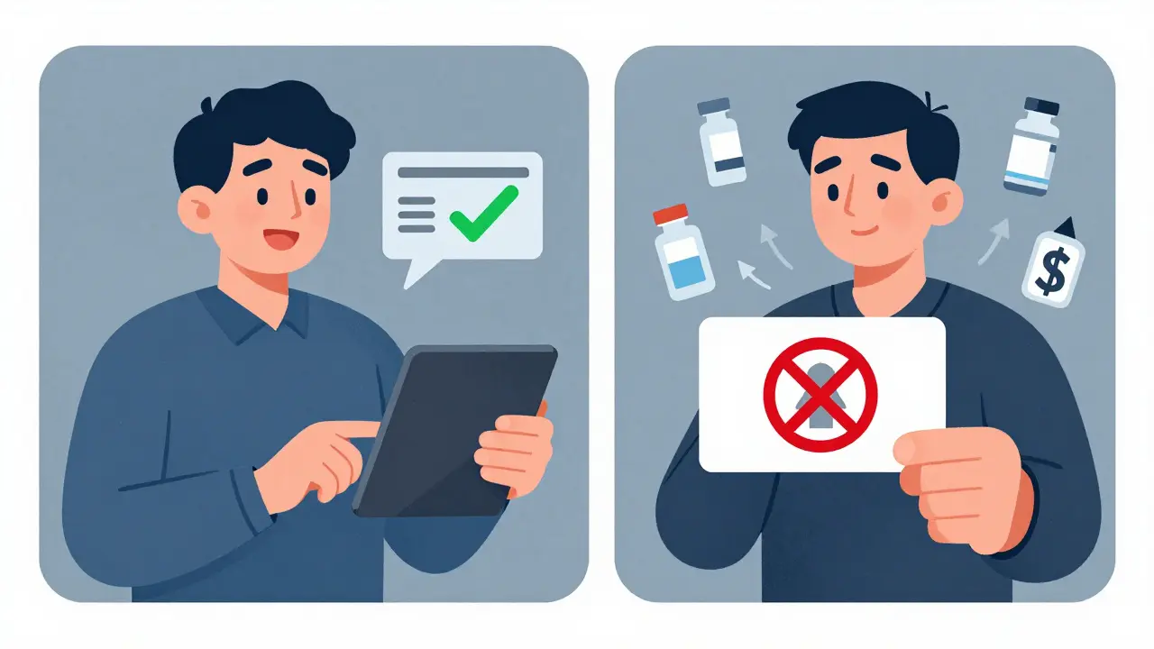 Side-by-side scene: person with private insurance receiving a savings card versus person with Medicare denied the same card due to federal restrictions.