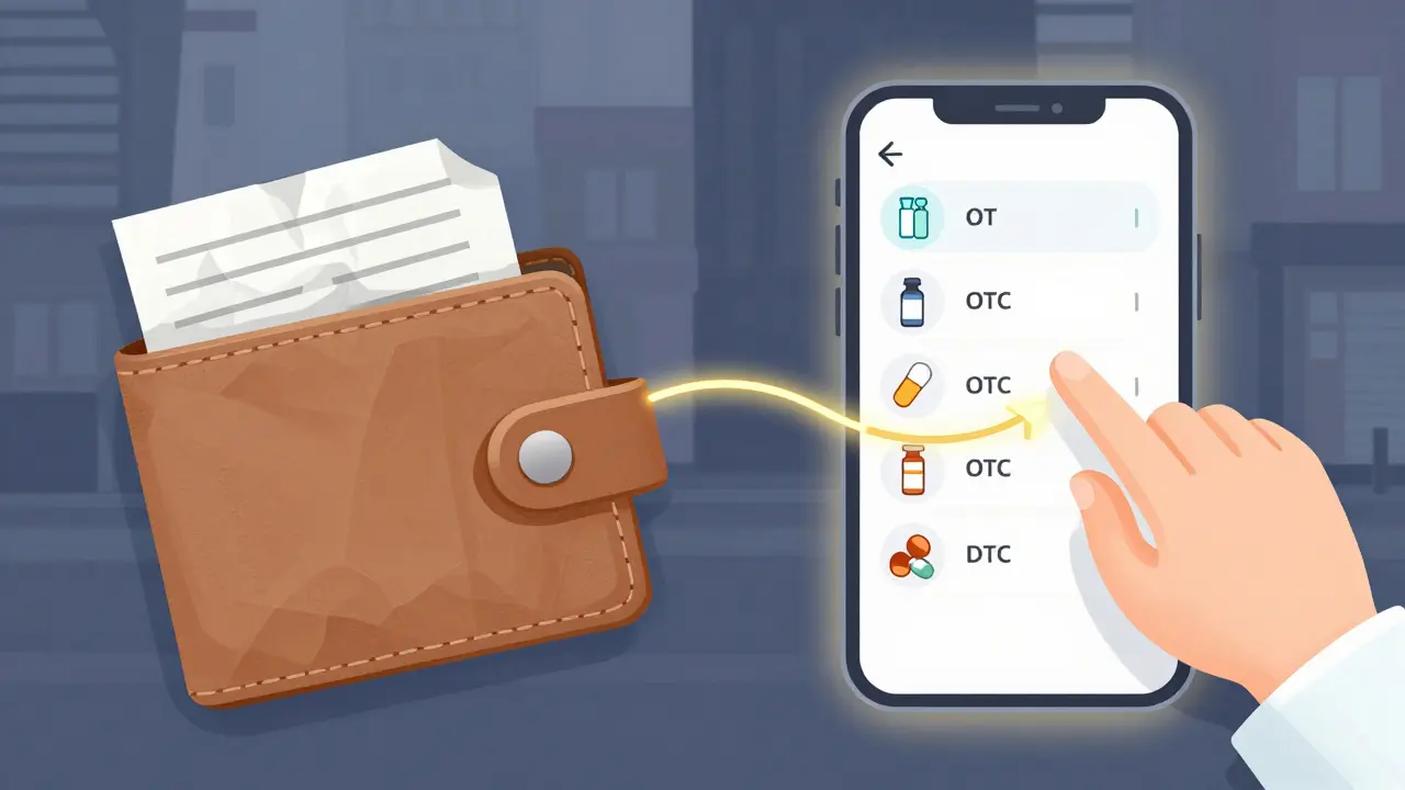 Split image: crumpled paper list vs. glowing digital medication list being verified by a pharmacist