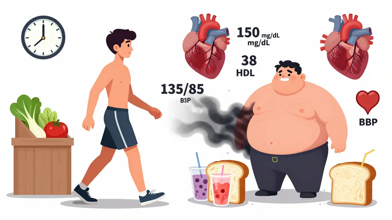 Split-image of a healthy vs. metabolically unhealthy man surrounded by lifestyle symbols.