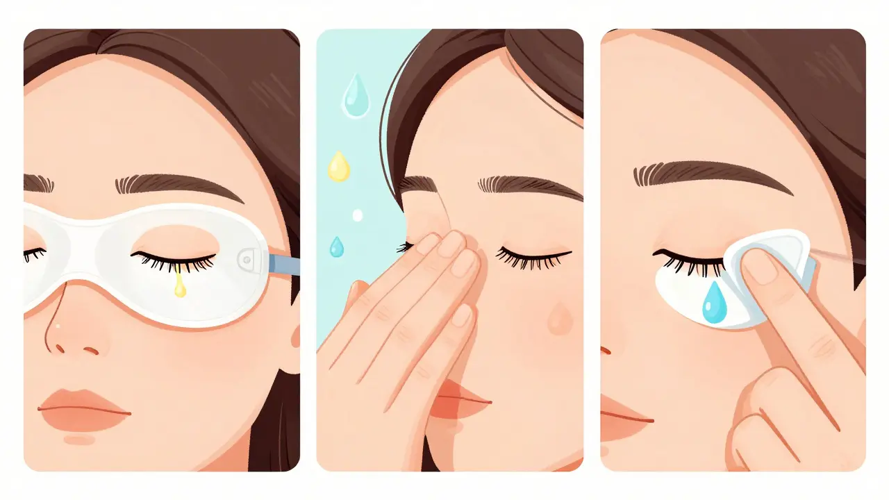 Step-by-step daily MGD care: warm compress, lid massage, and eyelid cleaning.