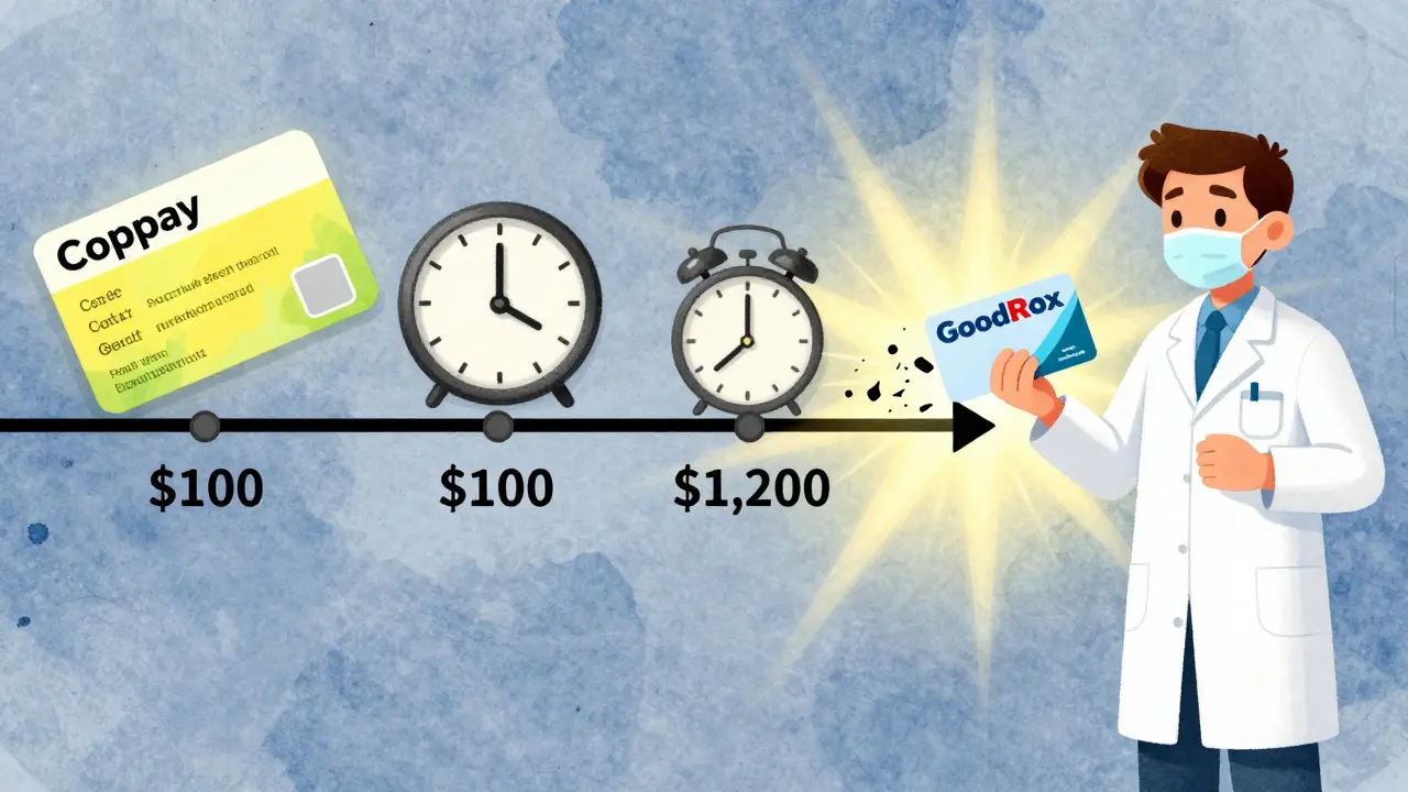Timeline illustration showing a patient’s drug cost dropping with a coupon, then spiking after expiration, with pharmacist offering GoodRx as alternative.