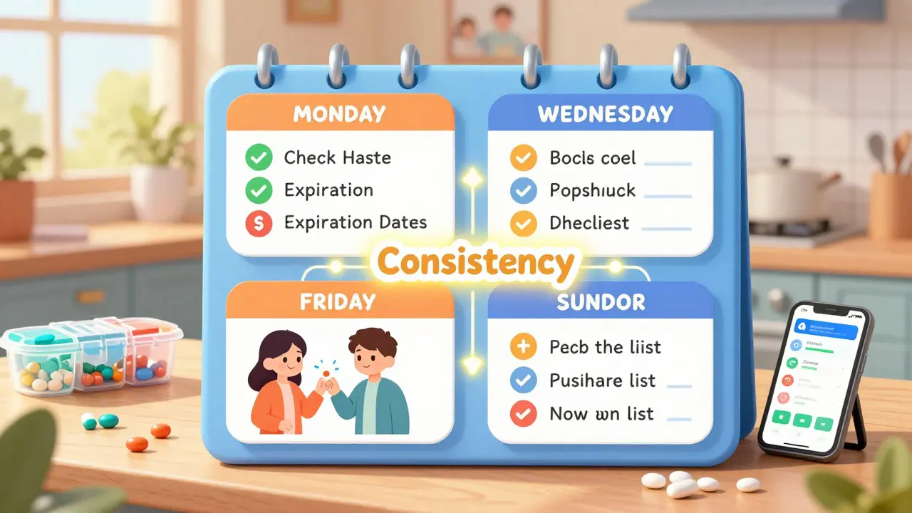 Weekly medication safety routine shown as a colorful illustrated calendar in a kitchen.