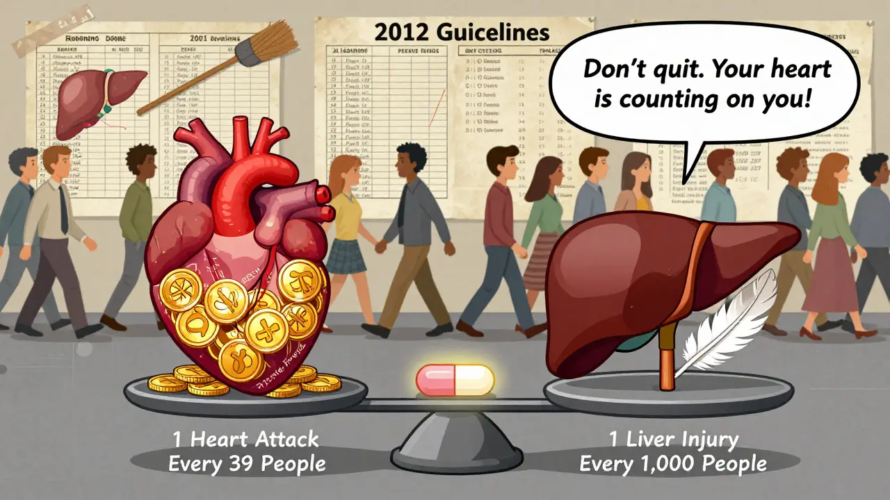 A balanced scale showing heart benefits outweighing rare liver risks, with statin pills at the center and outdated guidelines fading away.