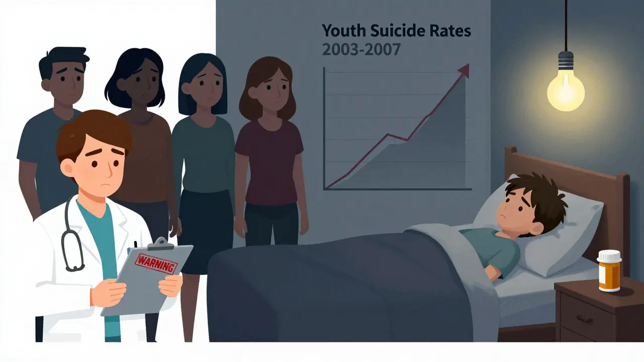 A doctor hesitates as parents turn away, while a lonely teen lies in bed beside rising suicide statistics.