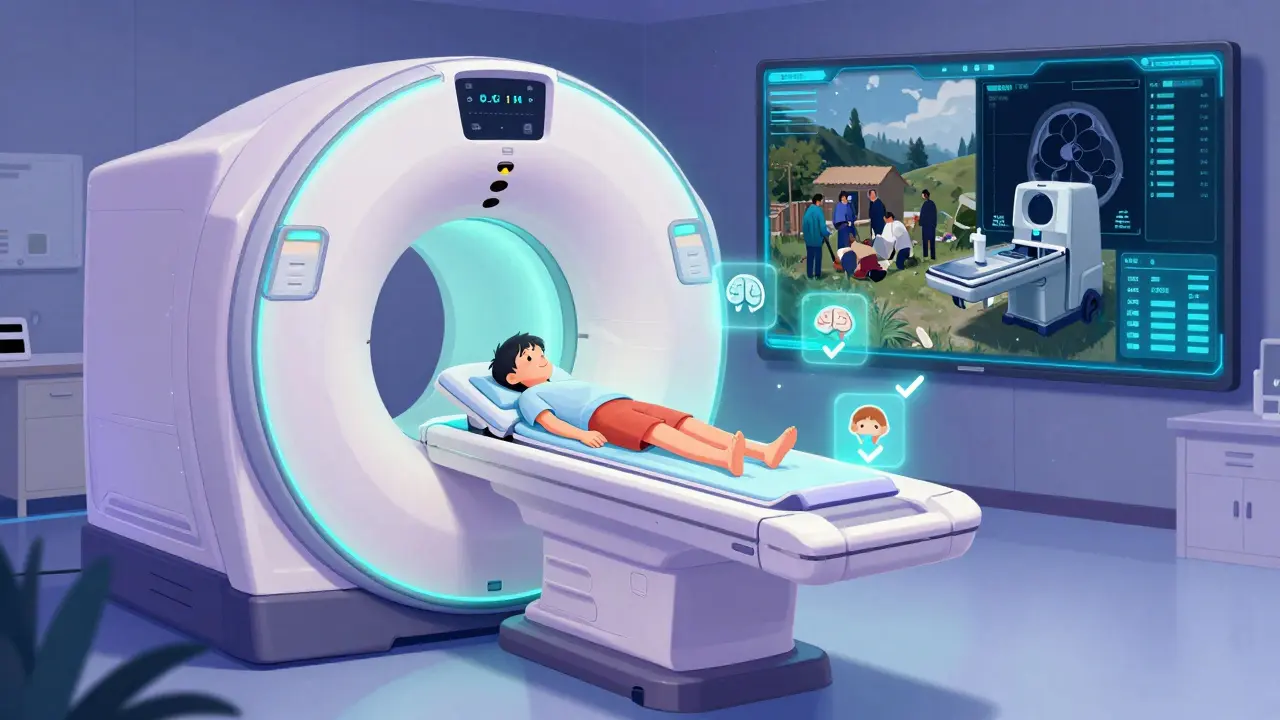 A futuristic PET-MRI scanner scanning a child, with contrast between rural and urban imaging centers.