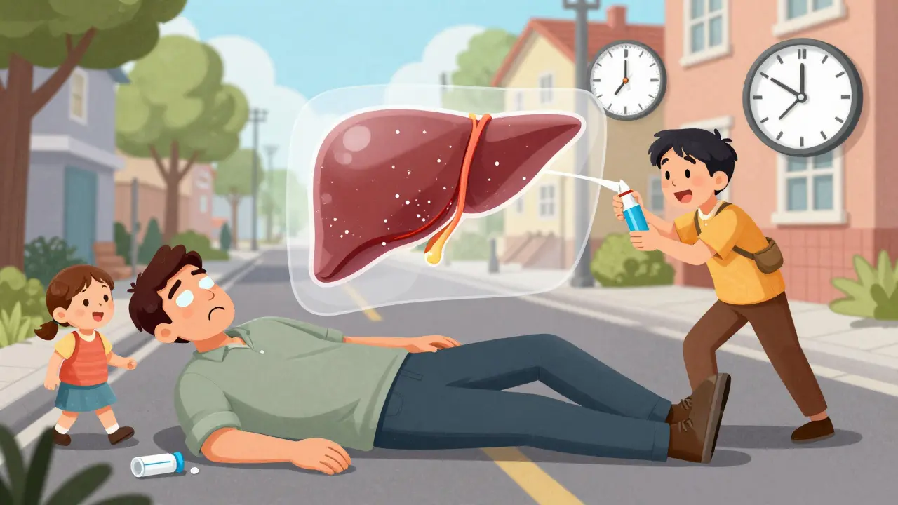 A man collapsing on a street as a family member administers nasal glucagon spray during a severe low blood sugar episode.