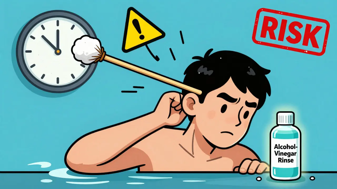 A person shaking their head after swimming, a giant cotton swab pulling out while a remedy bottle glows nearby.