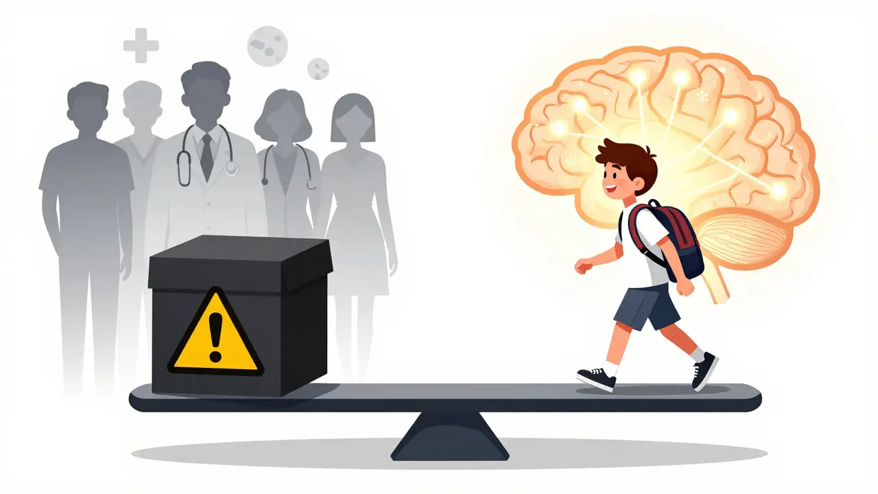 A scale balances a black box warning against a hopeful teen returning to school, with brain pathways glowing.
