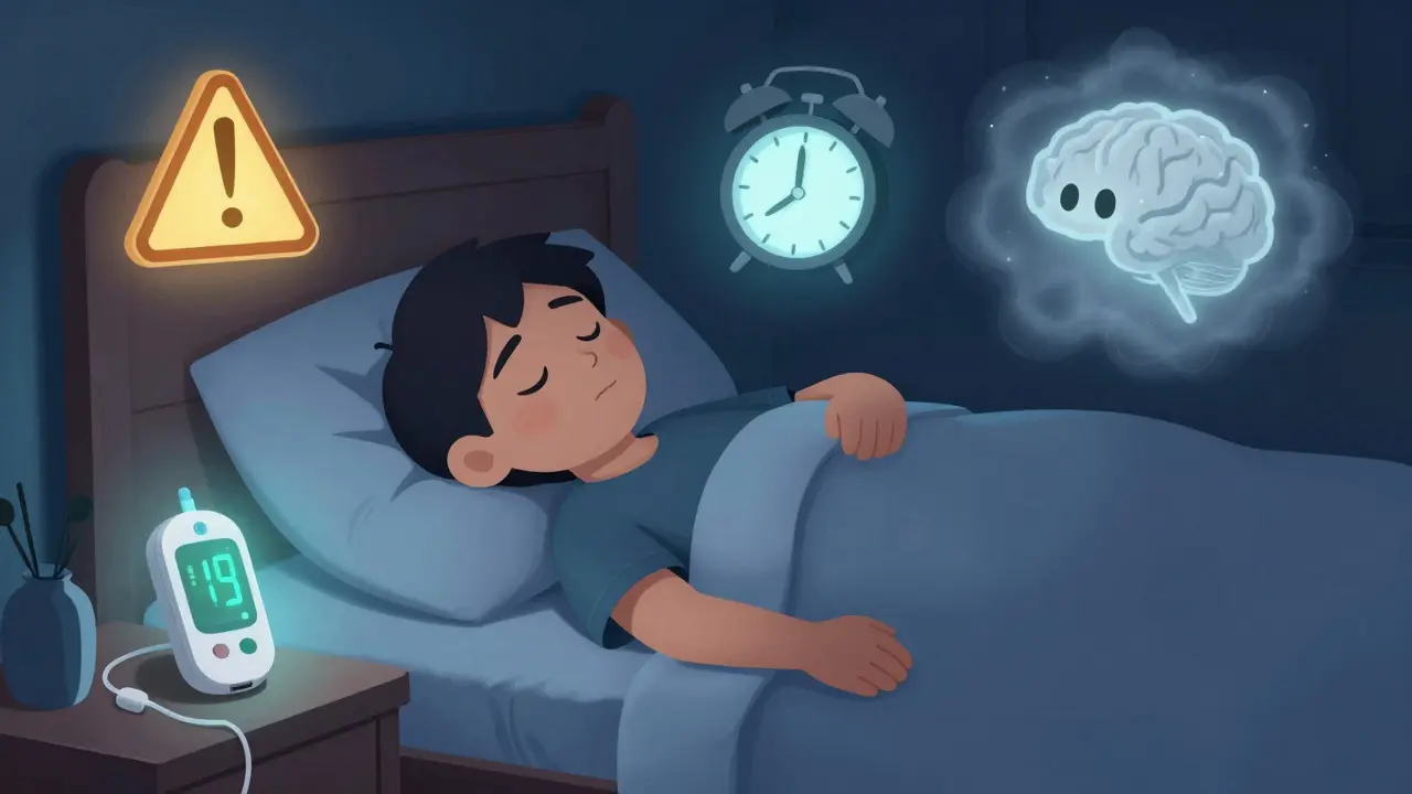 A sleeping person at night with floating warning symbols and a CGM device automatically pausing insulin to prevent a dangerous low.