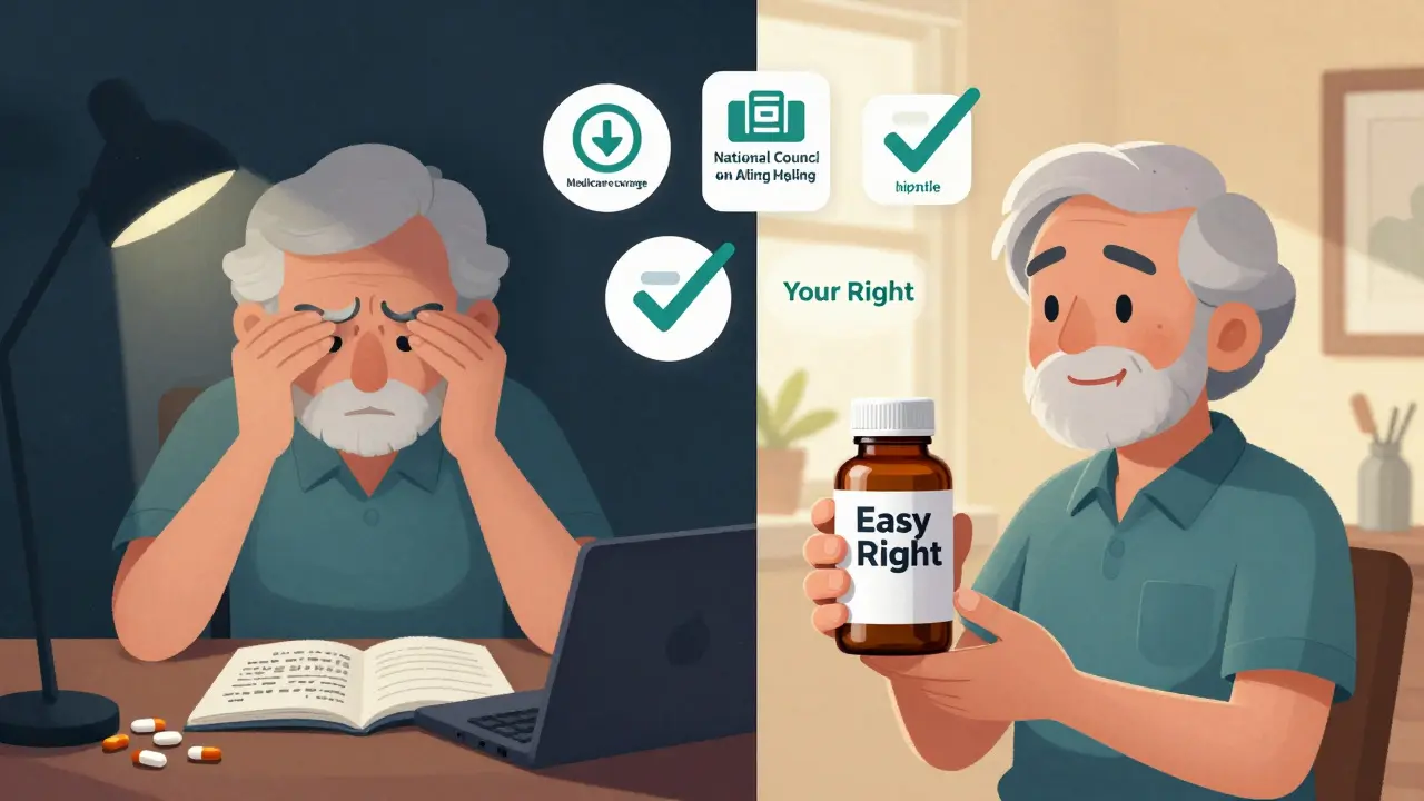 Before and after: frustrated senior with tiny labels vs. calm senior with large-print label and easy-open cap.