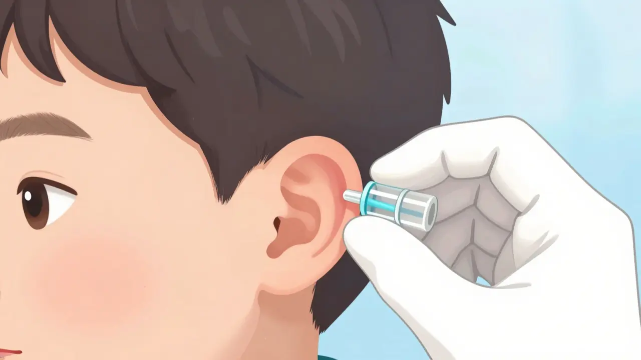 Child with tympanostomy tube inserted for middle ear ventilation