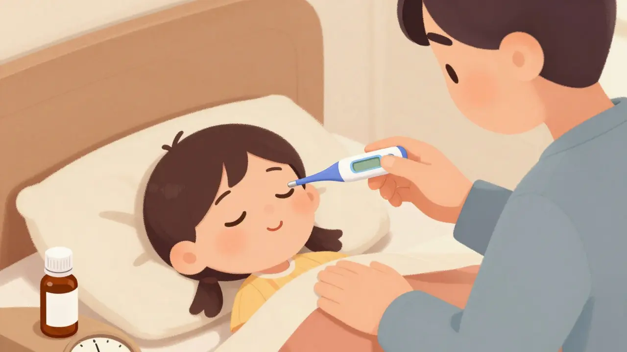 Parent monitoring child's temperature during ear infection watchful waiting