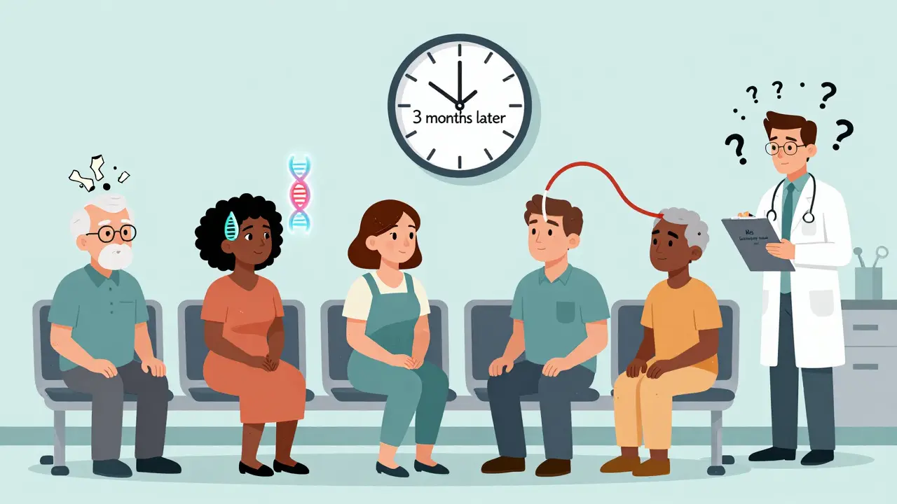 Patients in a waiting room with symbolic health issues above their heads, staring at a clock showing '3 months later' while a doctor ignores them.