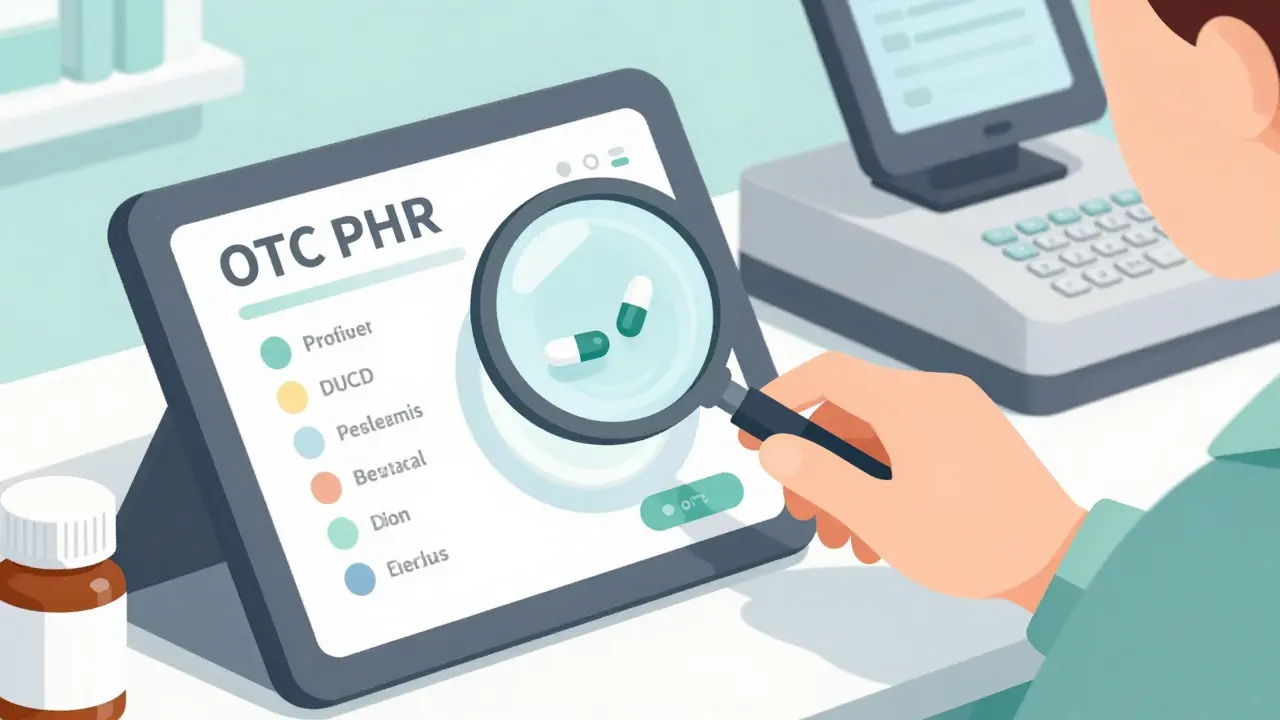 Person manually entering OTC pills and vitamins into PHR at pharmacy.