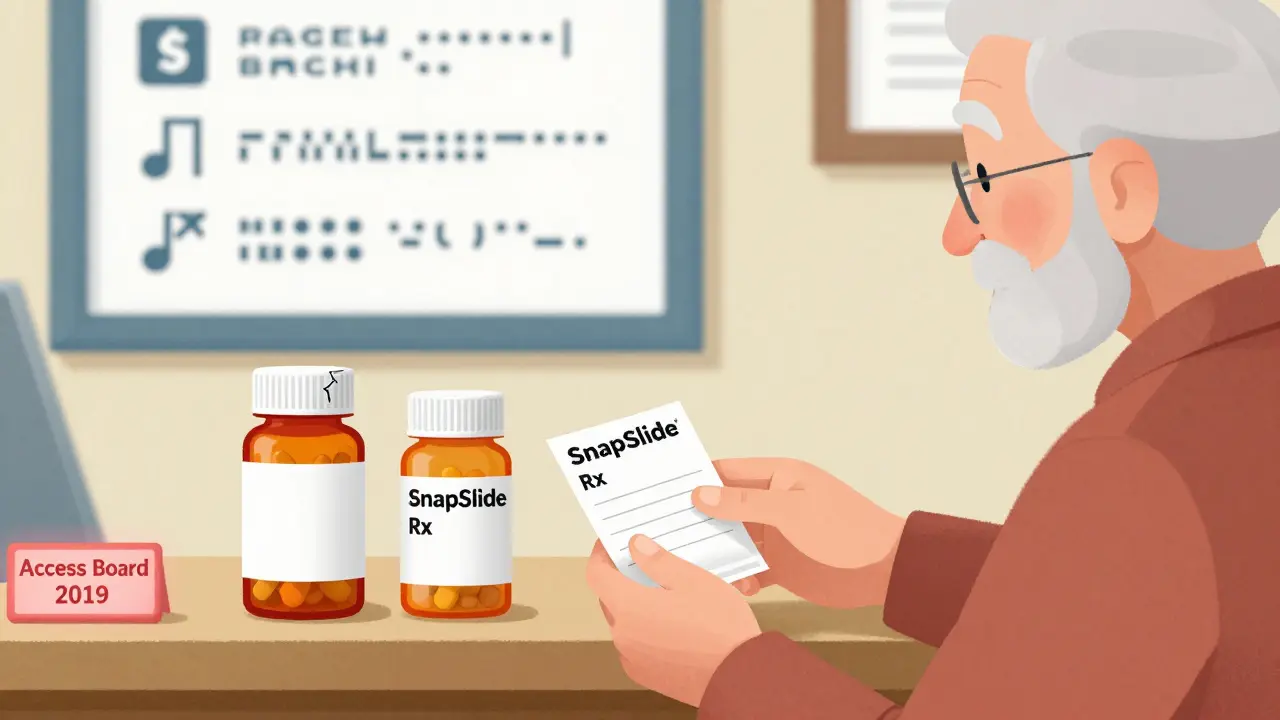 Pharmacist handing a prescription with accessible packaging; standard and easy-open caps shown side by side.