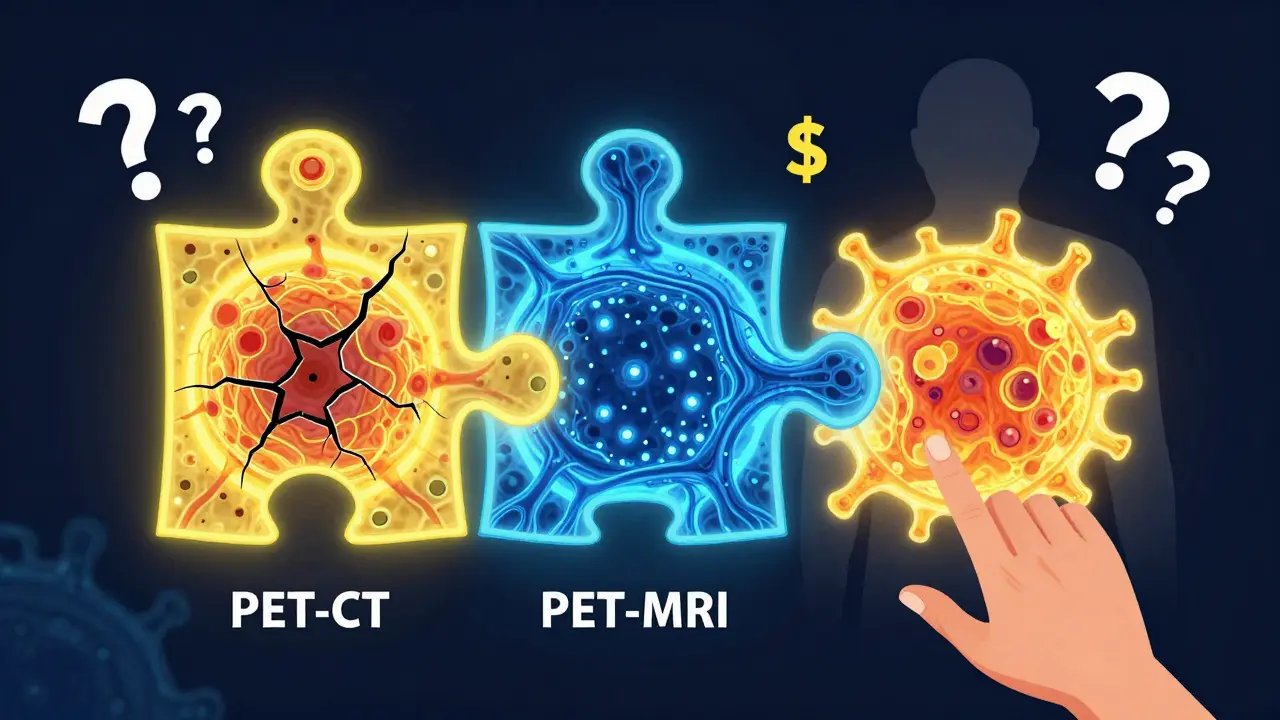 Three puzzle pieces representing imaging technologies fitting into a patient's silhouette.