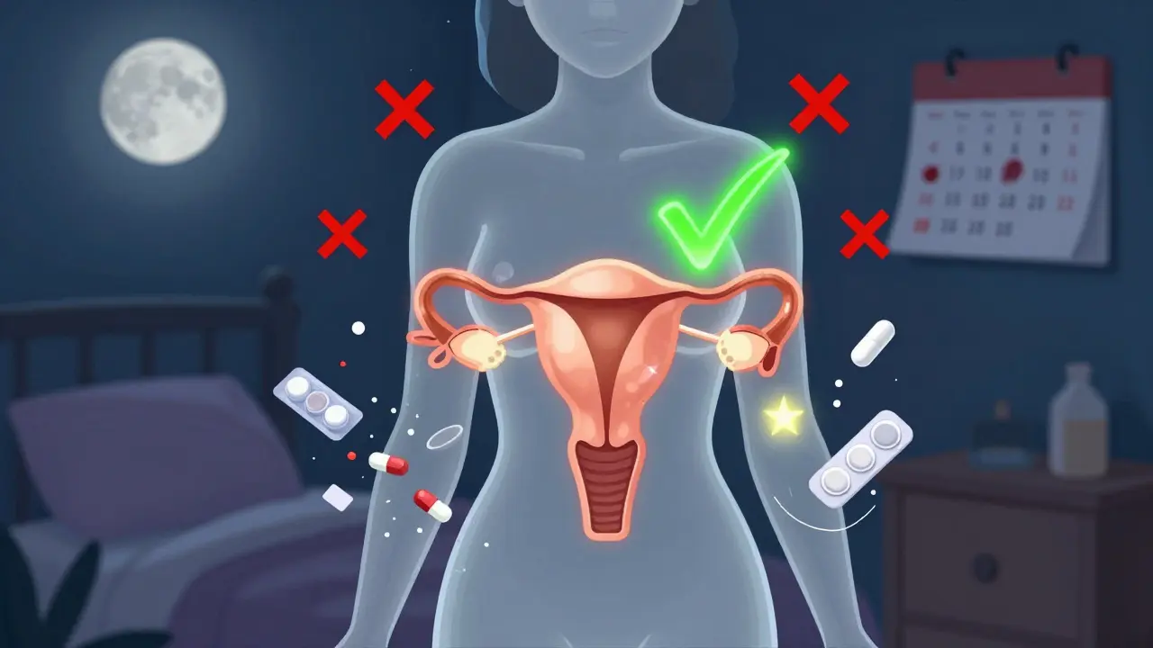 Transparent woman with glowing IUD and implant protected, while birth control pills, patches, and rings crumble around her.