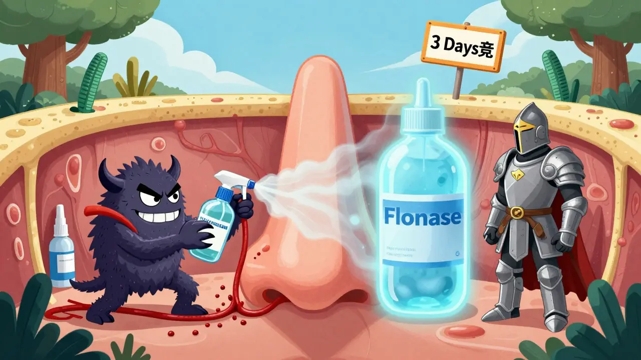 A battle inside a nose between a harmful spray monster and healing saline and steroid defenders.