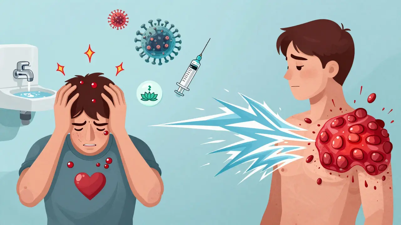 A bidirectional loop showing stress triggering psoriasis flares, with infection germs and a mindfulness icon nearby, symbolizing prevention and calm.