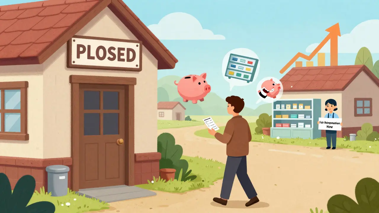 A closed pharmacy in a rural town with a patient walking away, surrounded by symbols of financial loss and corporate profit.