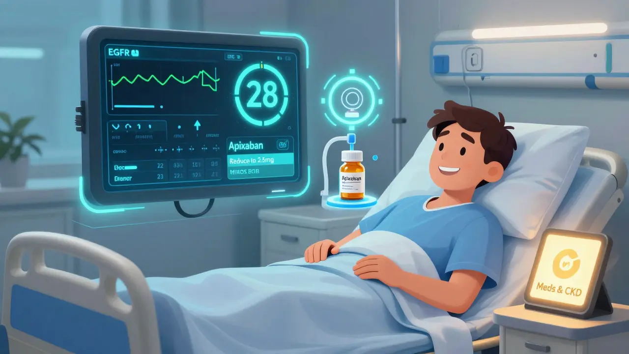 A digital health dashboard blocking a dangerous drug dose and suggesting a safer alternative for a CKD patient.