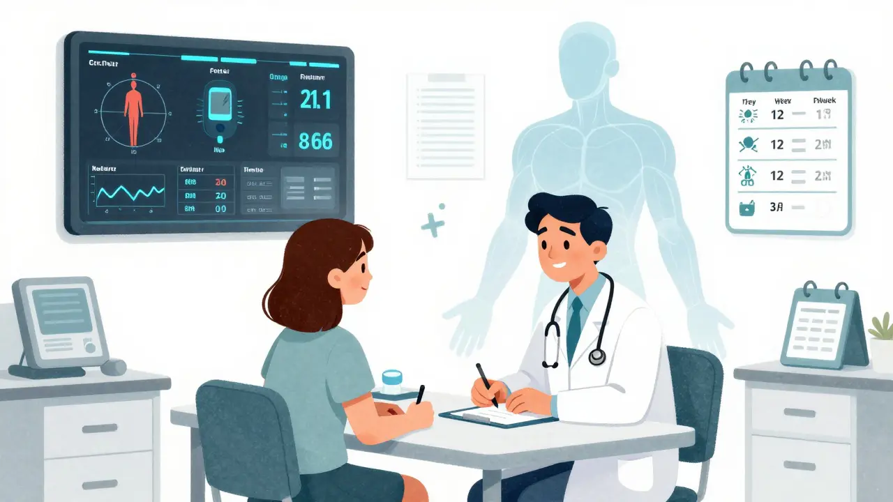 A doctor and patient reviewing metabolic health data on a transparent body diagram during a clinic visit.