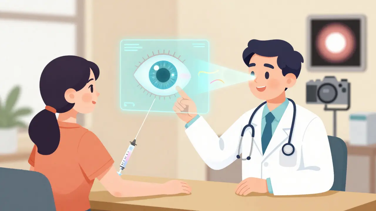 A doctor and patient viewing a holographic eye with OCT, FA, and fundus imaging overlays in a clinic.