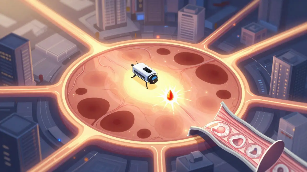 A glowing retinal cityscape with blood vessels as roads, showing fluid leaks and capillary loss in concept art.