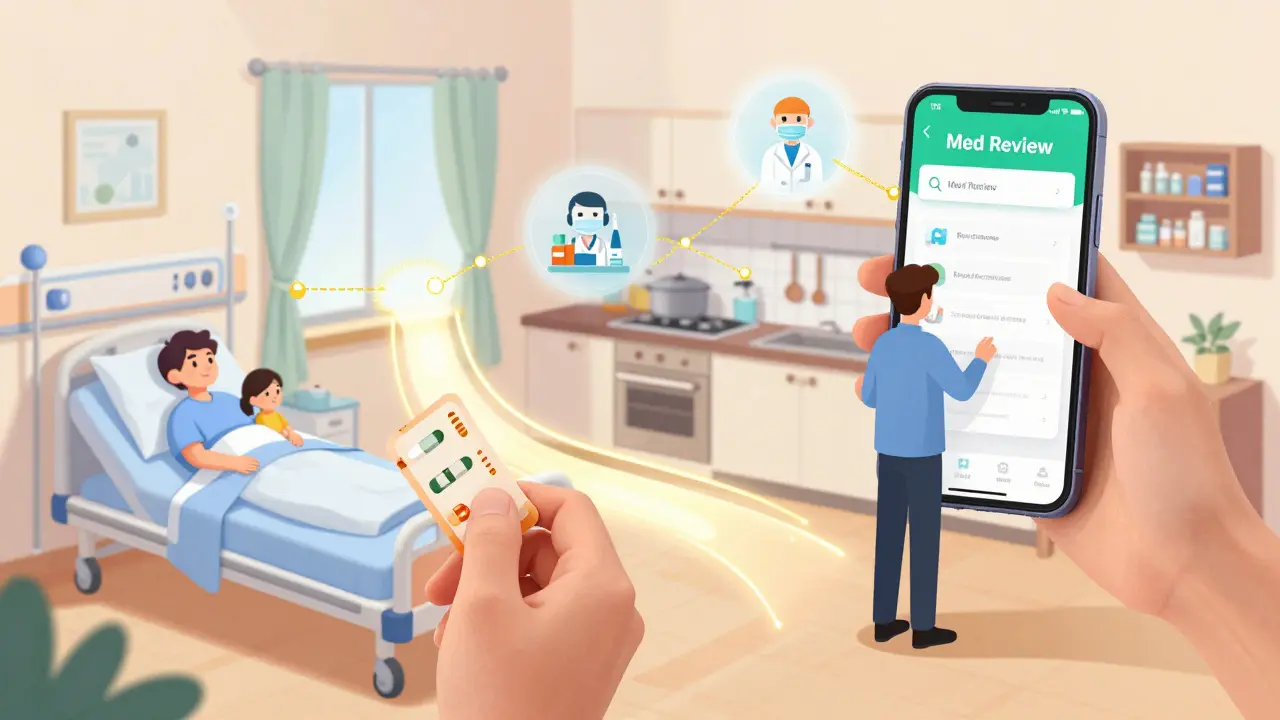 A patient's wallet opens to reveal a medication card, with a glowing path connecting hospital to home, showing family and pharmacist reviewing the list.