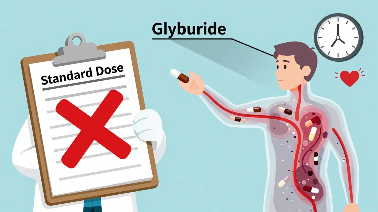 A patient with drugs swirling in their blood, one labeled 'Glyburide' casting a 72-hour shadow over a flickering heart.