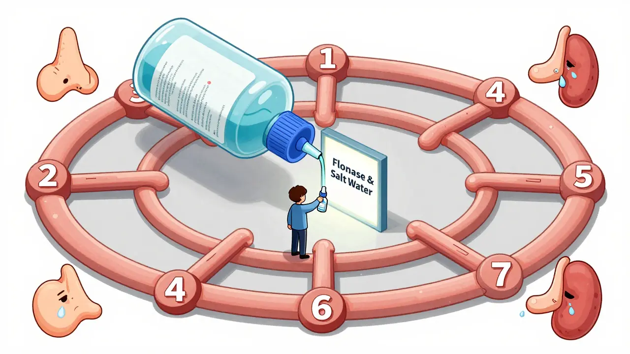 A person trapped in a loop of nasal passages with spray bottles, guided toward saline and steroid spray exits.