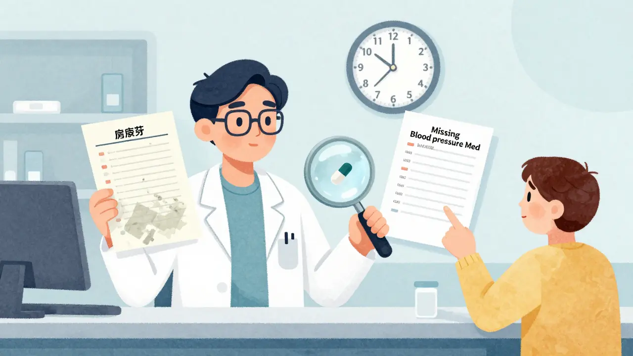 A pharmacist compares two medication lists under a magnifying glass, highlighting a missing drug, with a clock ticking toward 72 hours in the background.
