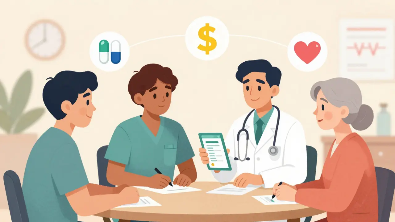 A team of healthcare providers helping patients with personalized medication plans.