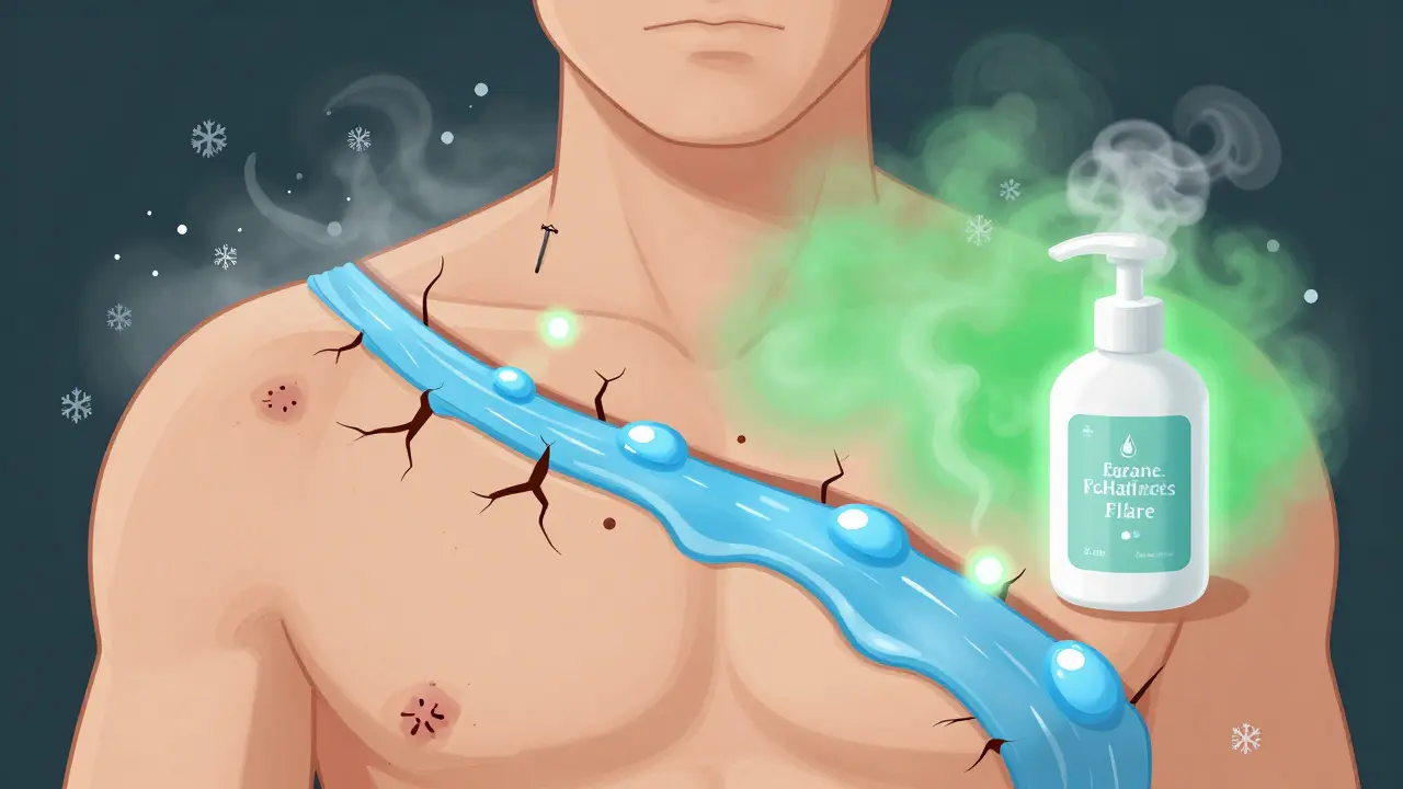 A weather map over a torso showing how cold air damages skin while humid air and ceramide moisturizer heal it, with minor injuries glowing as flare sites.