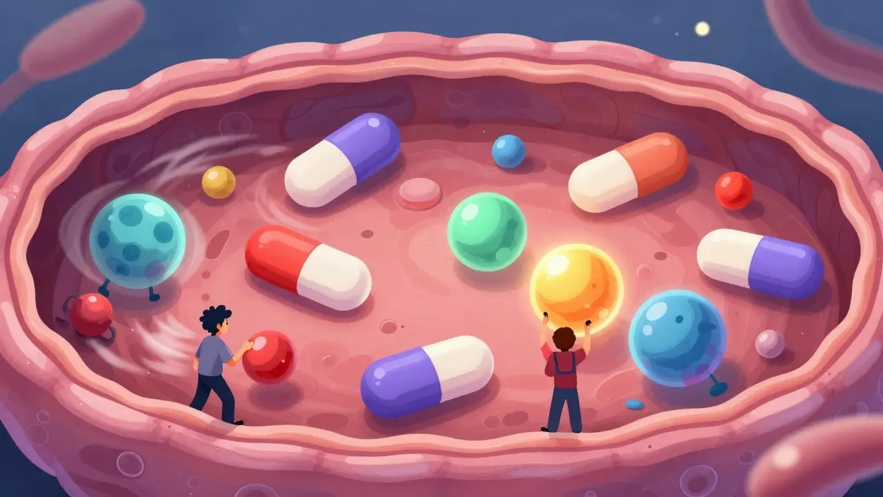 Colorful cartoon enzymes processing pills inside a cell environment.