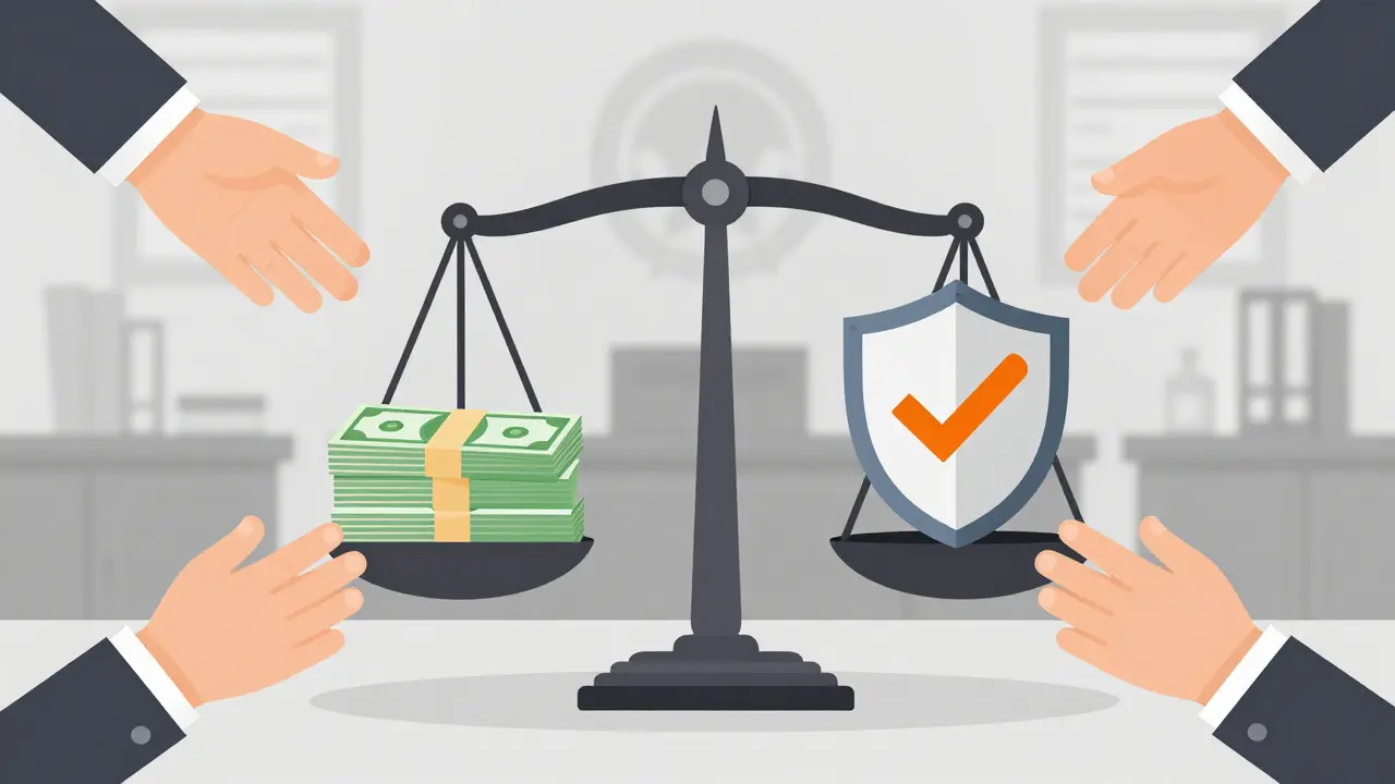 Concept art showing a balance scale weighing drug costs against updated safety warning labels in a regulatory setting.