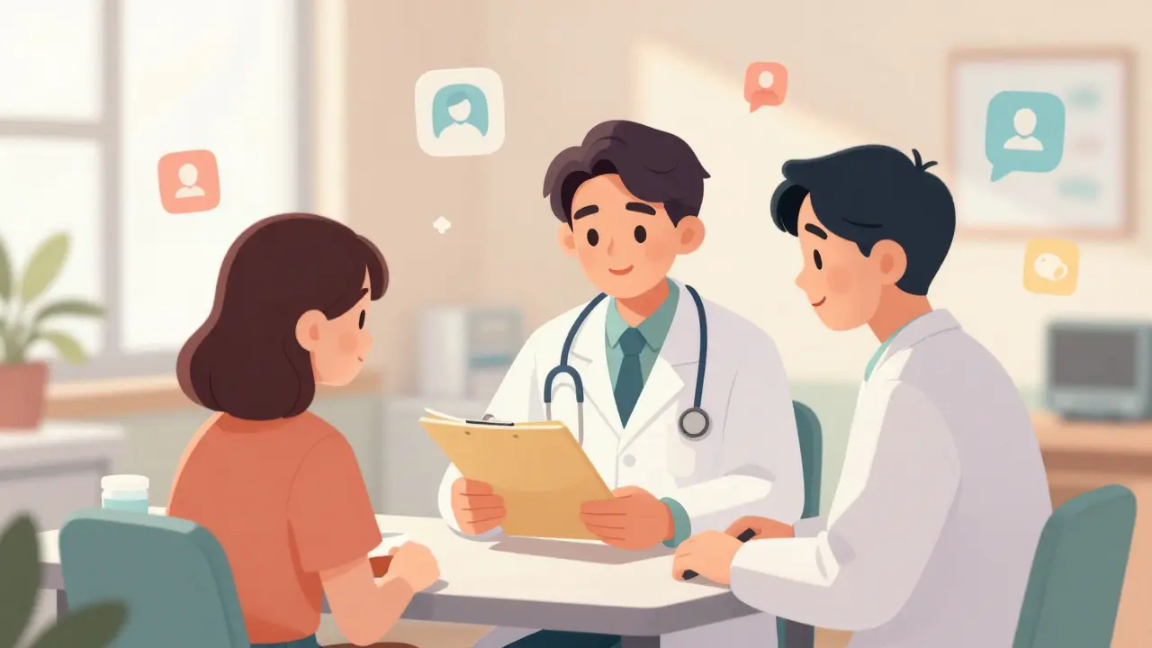 Doctor and patient reviewing medical files in a bright office.