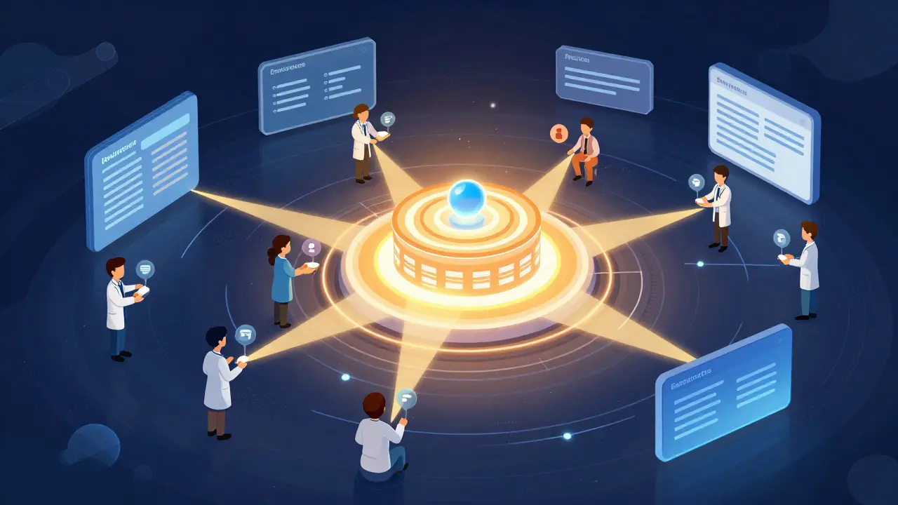 Illustration of a safety reporting network connecting patients and doctors to a central FDA database hub.