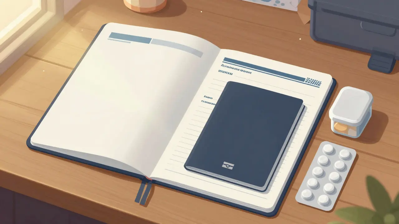 Organized medical travel documents and medication kit on a desk