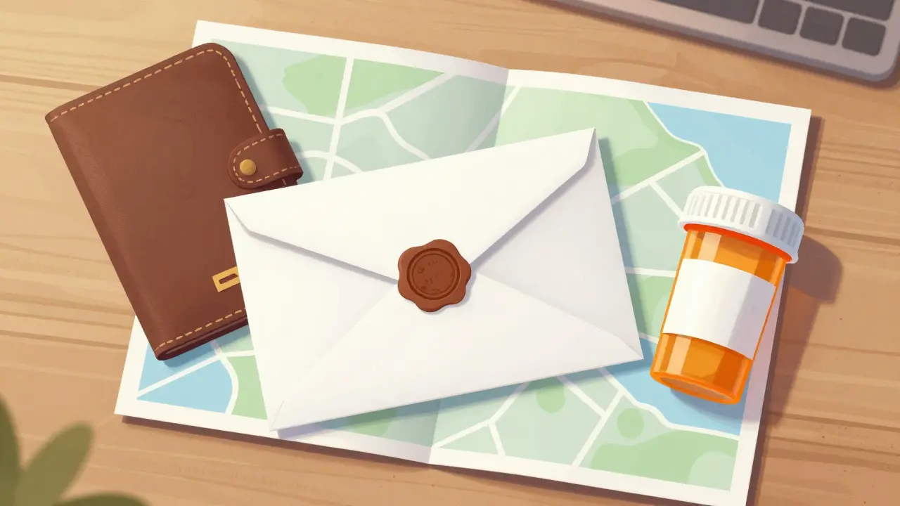Passport, medical letter, and pills organized on a table.