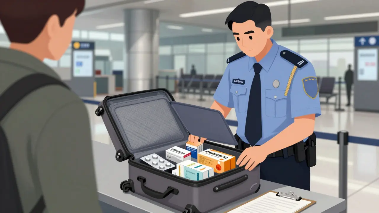 Security officer checking medicine in an open travel bag.