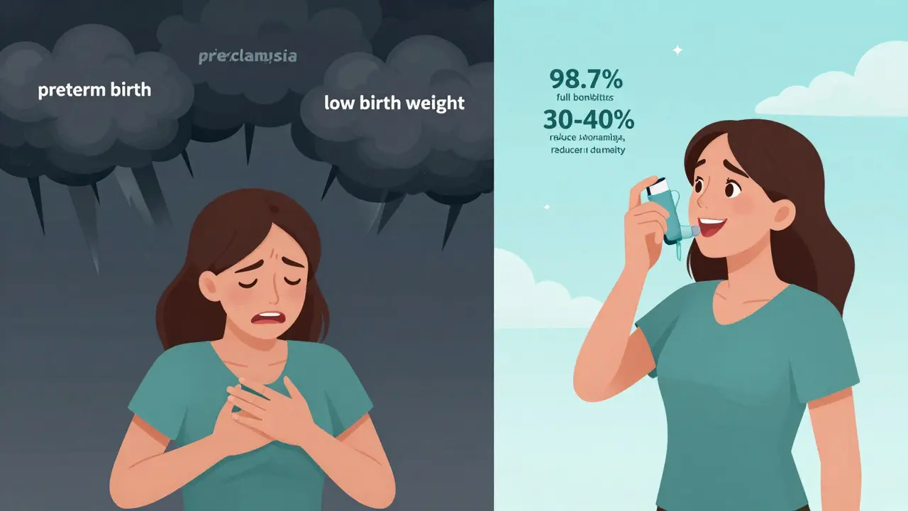 Split scene: left shows dark storm clouds of asthma risks, right shows calm sky with stats of healthy outcomes from medication use.