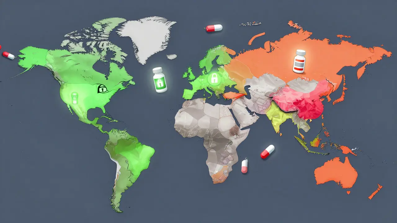 Stylized globe map showing regional differences in medicine regulations