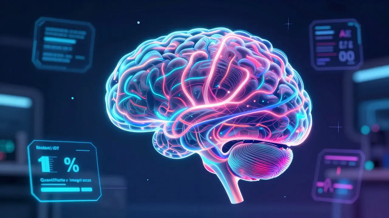 A 3D neon map of brain wiring with digital AI data analysis floating around it.