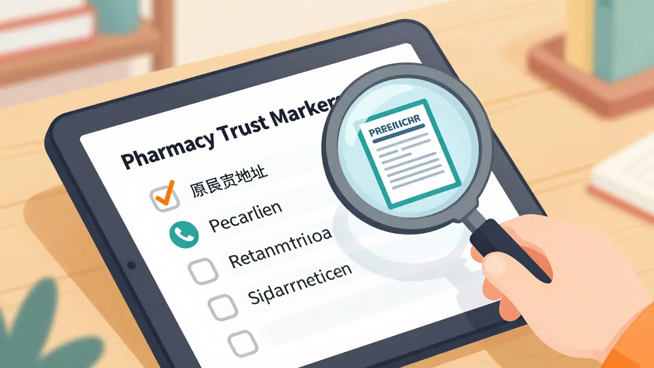 A digital checklist verifying a pharmacy's legitimacy with a magnifying glass.
